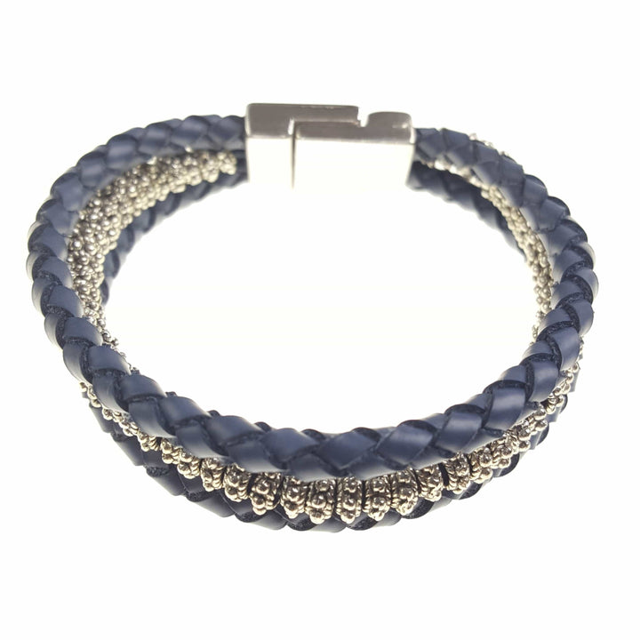 Three Strand Leather and Silver Bead Bracelet