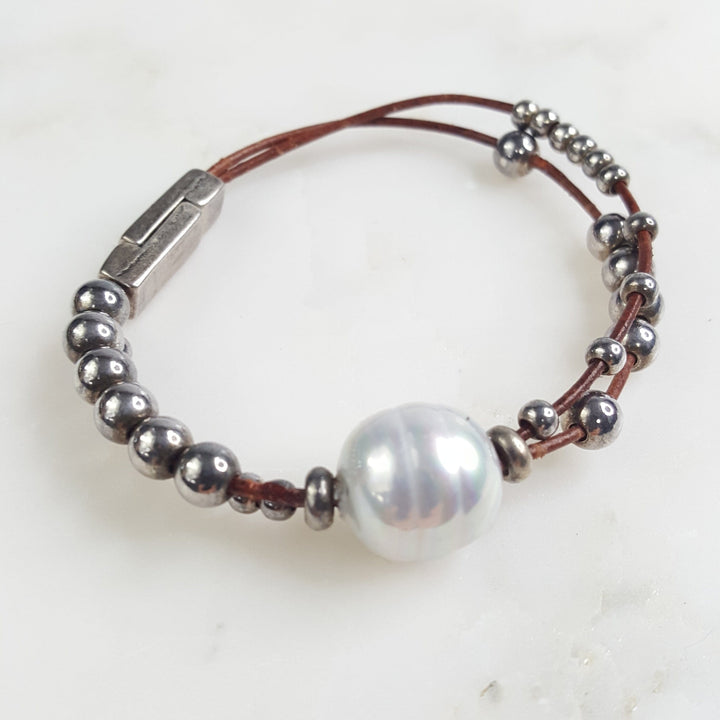 Two Strand Leather and Bead Bracelet with Large Pearl