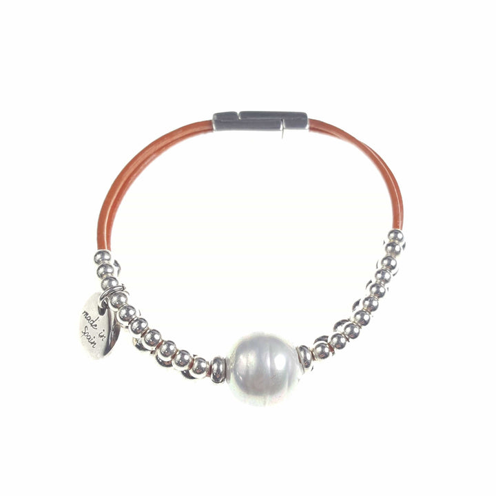 Two Strand Leather and Bead Bracelet with Large Pearl