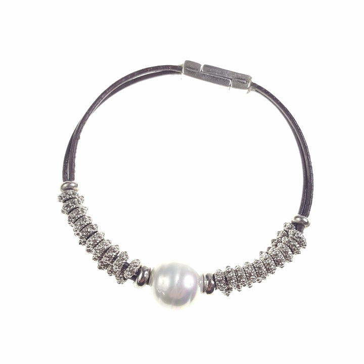 Two Strand Leather Bracelet with Silver Beads and Large Pearl