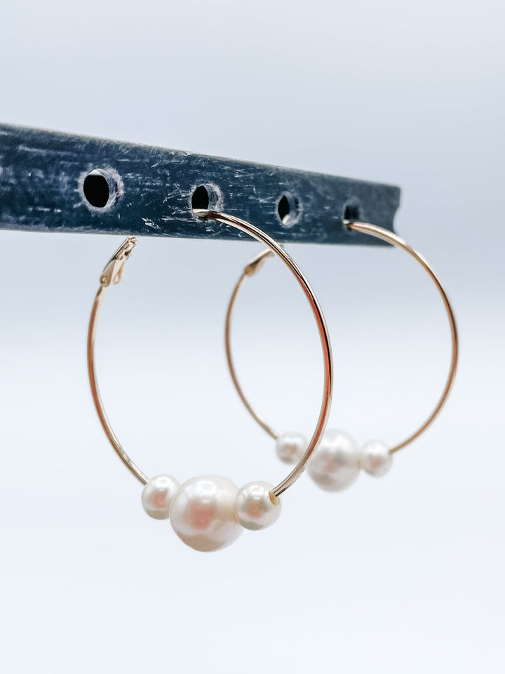 Women's 1 5/8" Hoop Earrings with Freshwater Pearls Available in Gold or Silver