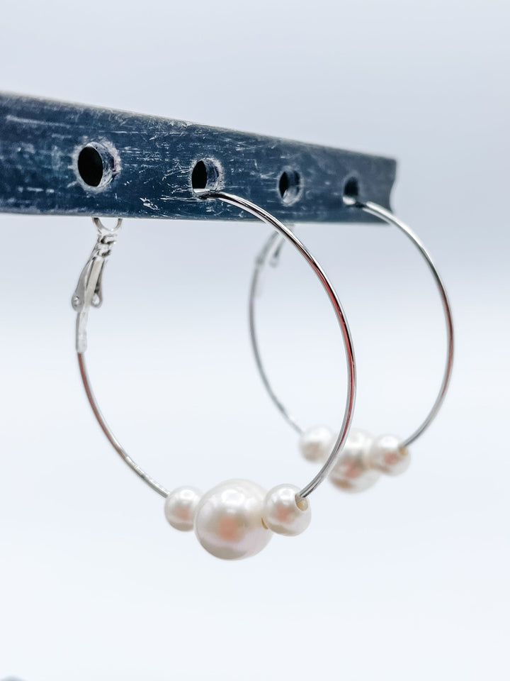 Women's 1 5/8" Hoop Earrings with Freshwater Pearls Available in Gold or Silver