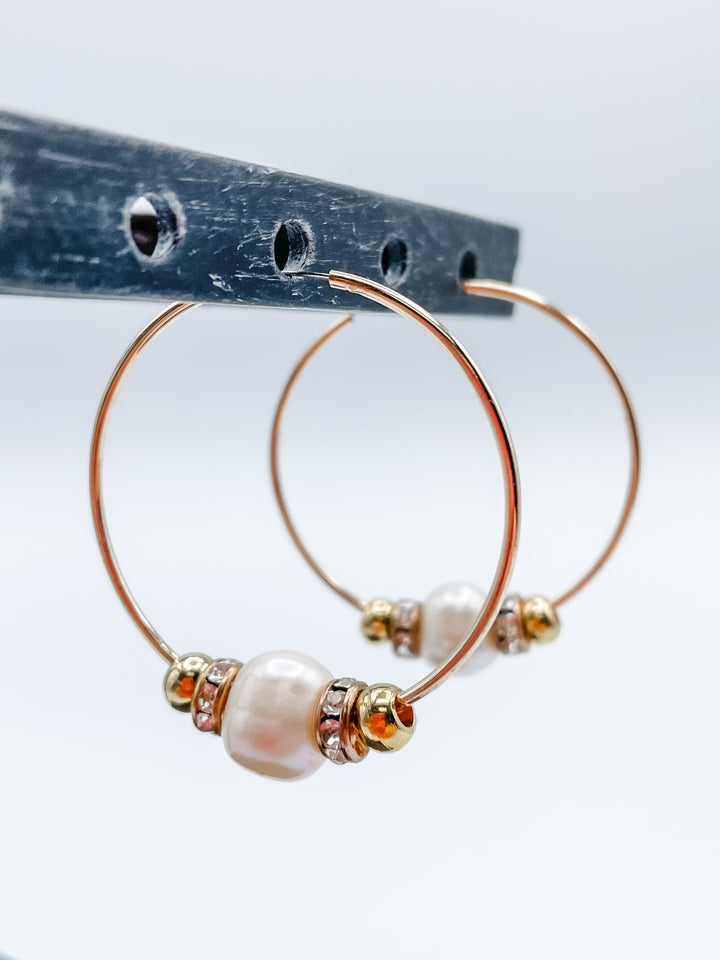 Women's 1.5" Hoop Earrings with Freshwater Pearls and Accent Beads with Crystals