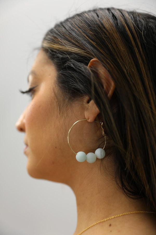 Women's 1.5" Hoop Earrings with Three Genuine Stones Choose Agate, Amazonite, Howlite or Jasper