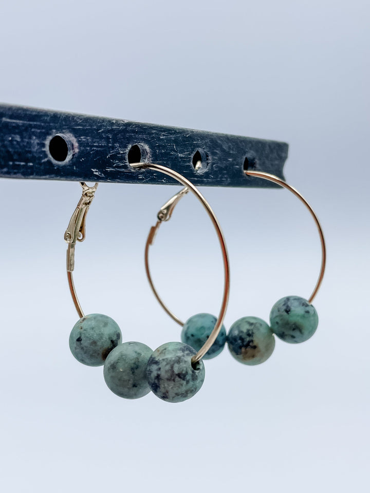 Women's 1.5" Hoop Earrings with Three Genuine Stones Choose Agate, Amazonite, Howlite or Jasper