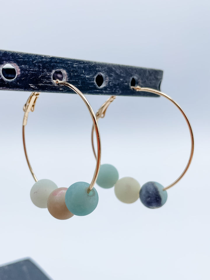 Women's 1.5" Hoop Earrings with Three Genuine Stones Choose Agate, Amazonite, Howlite or Jasper