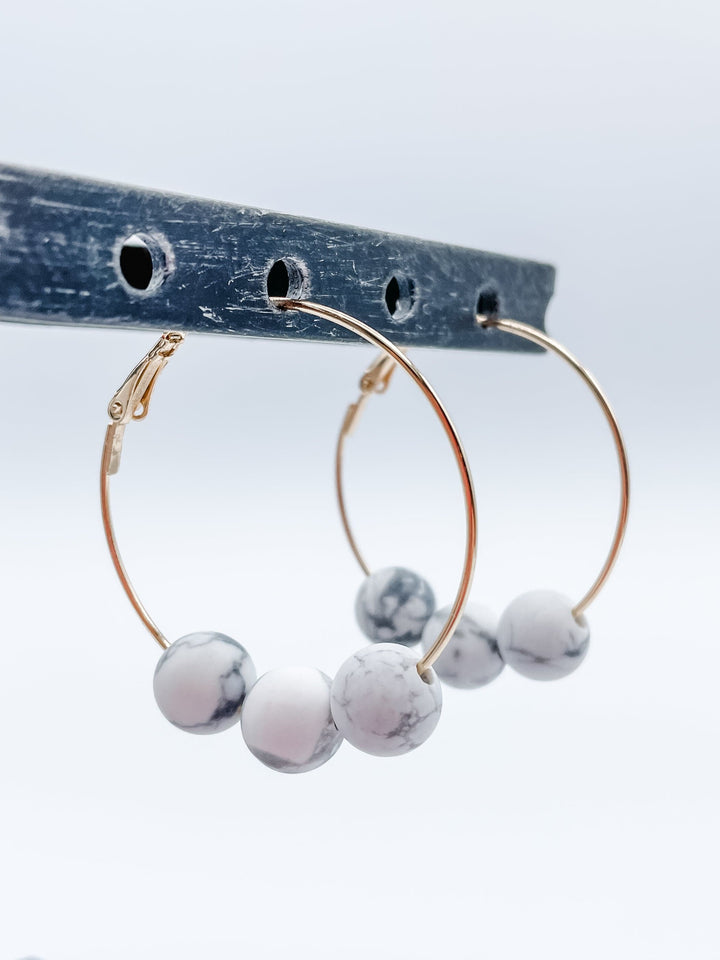 Women's 1.5" Hoop Earrings with Three Genuine Stones Choose Agate, Amazonite, Howlite or Jasper