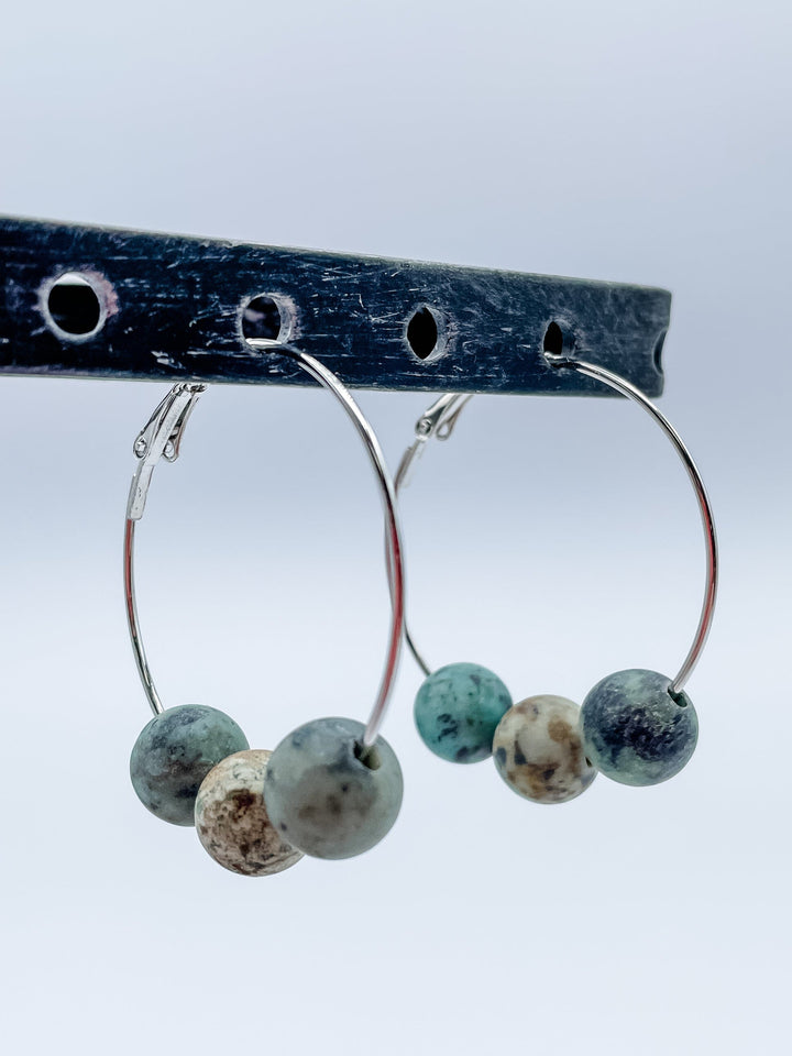 Women's 1.5" Hoop Earrings with Three Genuine Stones Choose Agate, Amazonite, Howlite or Jasper