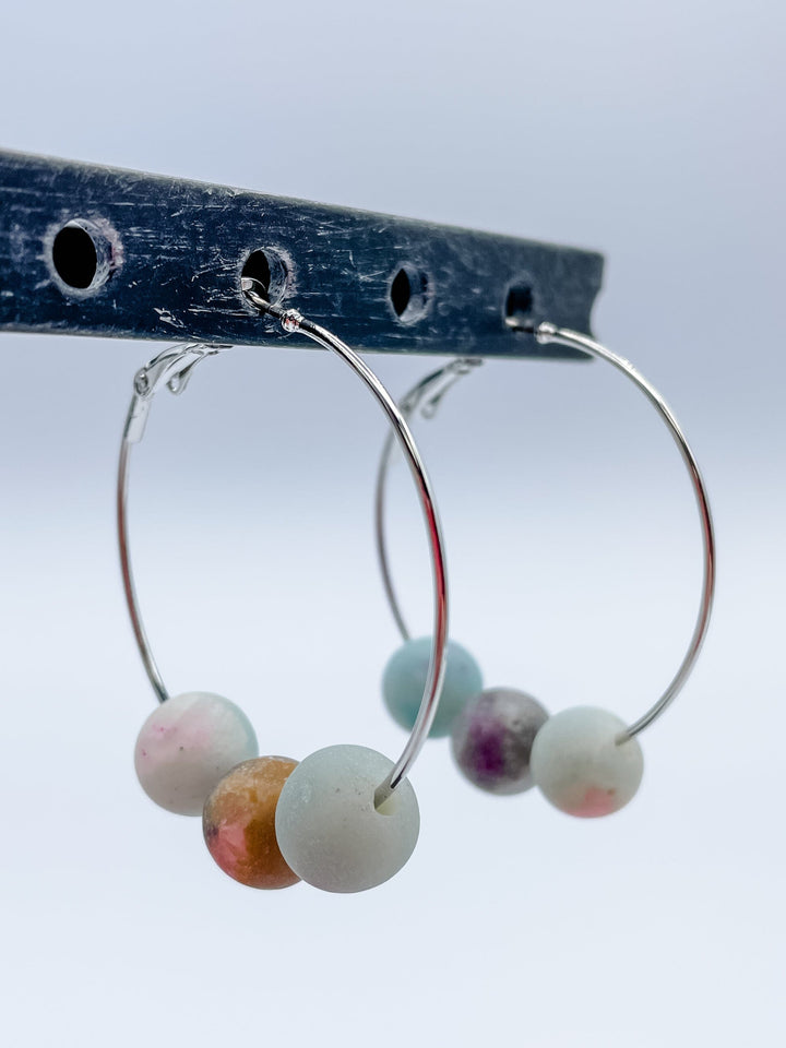 Women's 1.5" Hoop Earrings with Three Genuine Stones Choose Agate, Amazonite, Howlite or Jasper