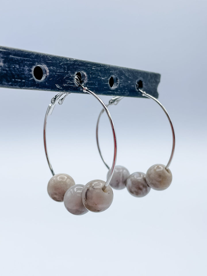 Women's 1.5" Hoop Earrings with Three Genuine Stones Choose Agate, Amazonite, Howlite or Jasper