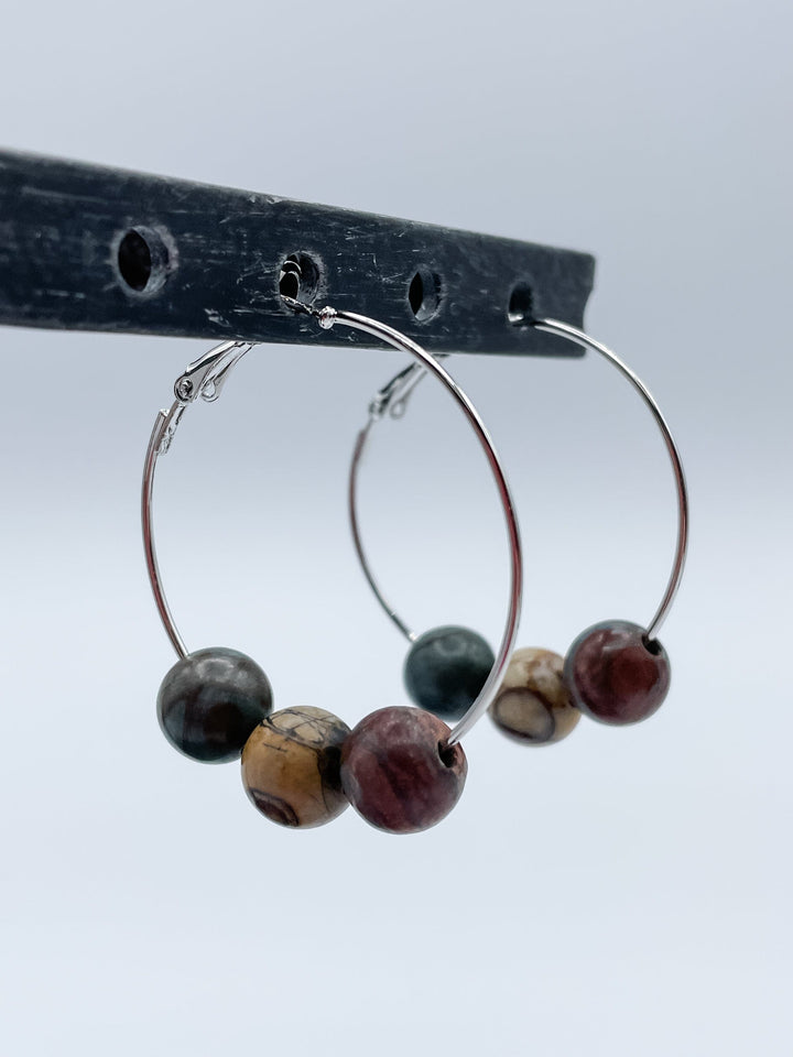 Women's 1.5" Hoop Earrings with Three Genuine Stones Choose Agate, Amazonite, Howlite or Jasper