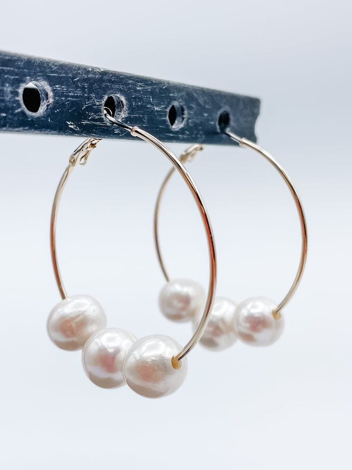 Women's 1.5" Hoop Earrings with Three Medium Freshwater Pearls