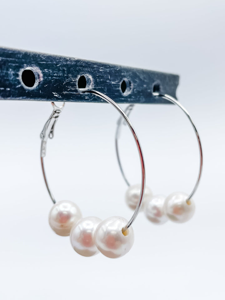 Women's 1.5" Hoop Earrings with Three Medium Freshwater Pearls