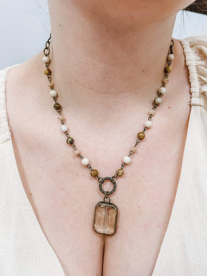 Women's Bead Necklace with Natural Stones, Faceted Glass Beads and Crystal Pendent