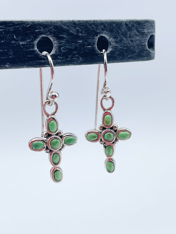 Women's Cross Earrings Made with Green Turquoise and Sterling Silver