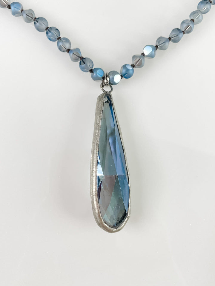 Women's Long Necklace with Large Blue Tear Drop Crystal