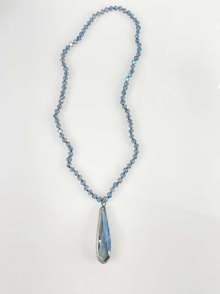 Women's Long Necklace with Large Blue Tear Drop Crystal