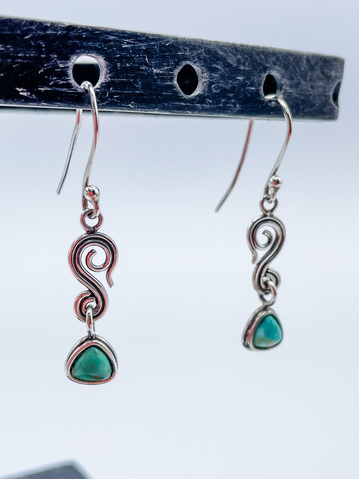 Women's Spiral and Turquoise Dangle Earrings Sterling Silver 1.75 Inches