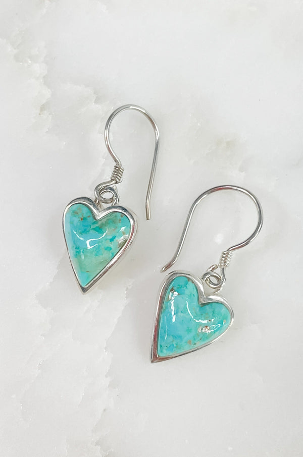 Women's Sterling Silver and Heart Shaped Turquoise Dangle Earrings 1.25 Inches