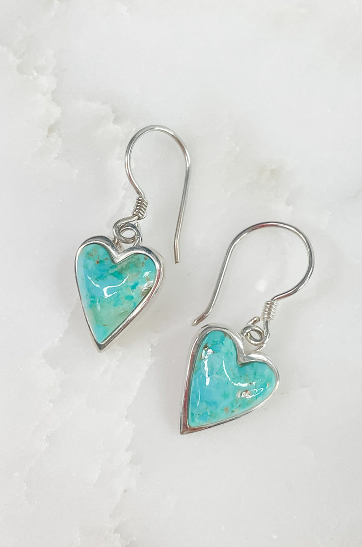 Women's Sterling Silver and Heart Shaped Turquoise Dangle Earrings 1.25 Inches