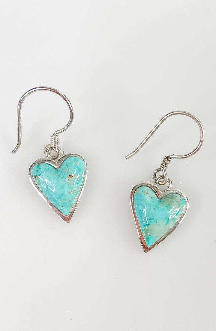 Women's Sterling Silver and Heart Shaped Turquoise Dangle Earrings 1.25 Inches