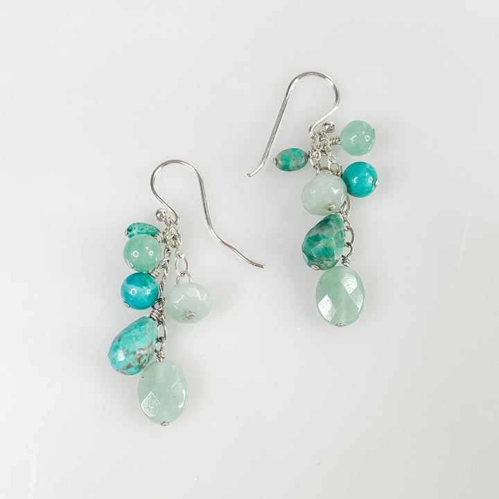 Women's Sterling Silver and Small Turquoise Gemstone Cluster Dangle Earrings 1.75 Inches