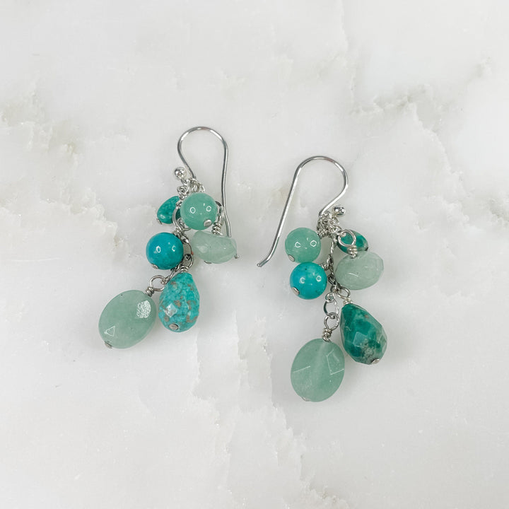 Women's Sterling Silver and Small Turquoise Gemstone Cluster Dangle Earrings 1.75 Inches