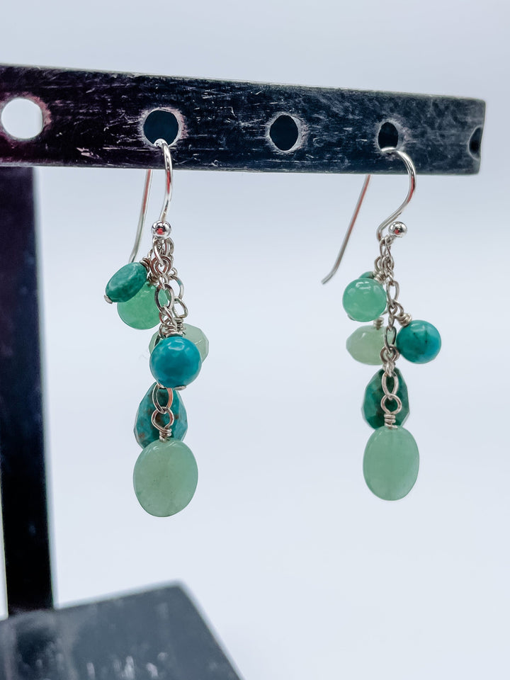 Women's Sterling Silver and Small Turquoise Gemstone Cluster Dangle Earrings 1.75 Inches