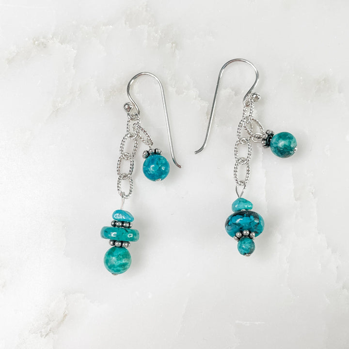 Women's Sterling Silver and Small Turquoise Gemstones Dangle Earrings 2.0 Inches