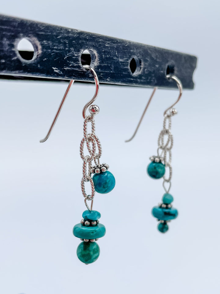 Women's Sterling Silver and Small Turquoise Gemstones Dangle Earrings 2.0 Inches