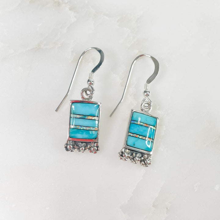 Women's Sterling Silver and Turquoise Gemstone Square Dangle Earrings 1.25 Inches