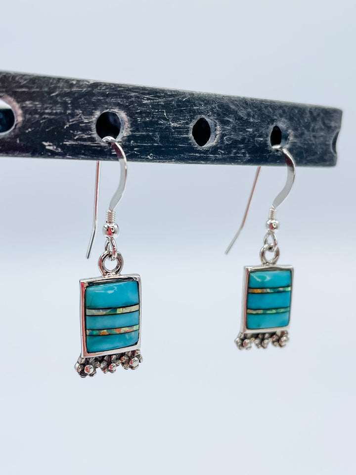 Women's Sterling Silver and Turquoise Gemstone Square Dangle Earrings 1.25 Inches