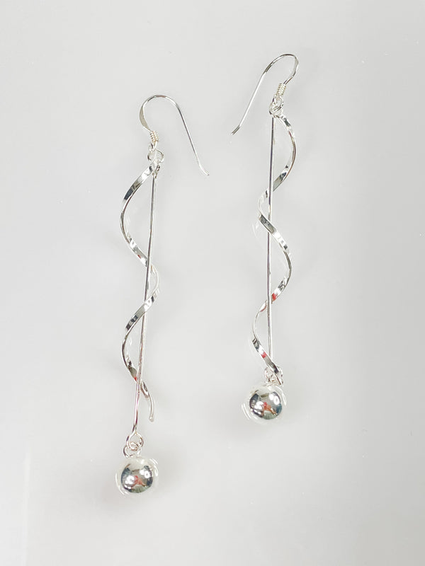 Women's Sterling Silver Long Bar and Ball Earring with Long Twist