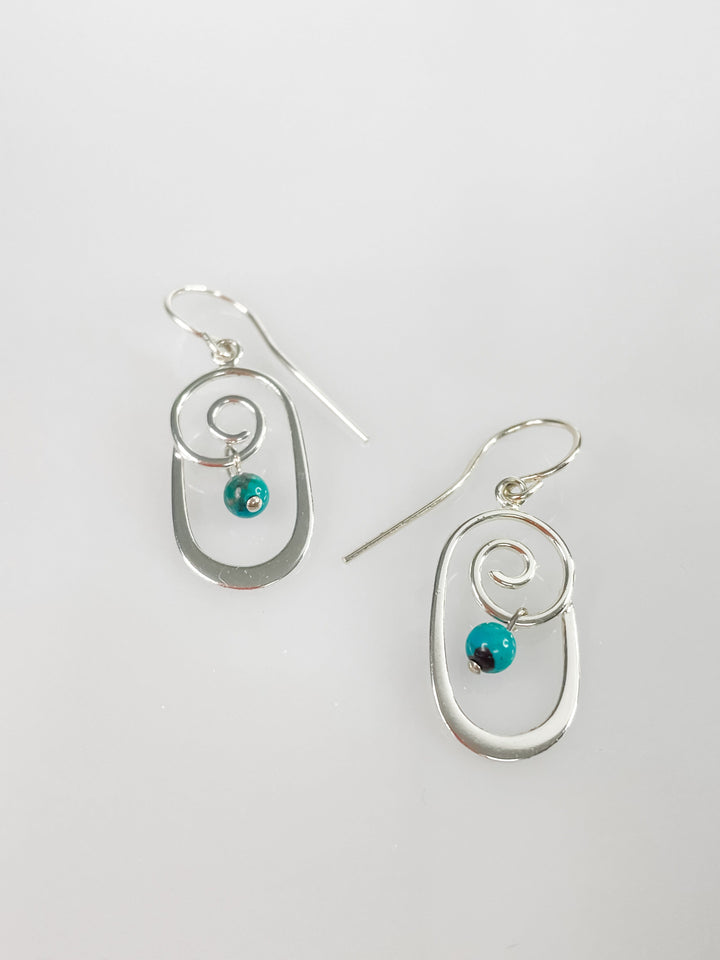 Women's Sterling Silver Swirl and Turquoise Gemstone Dangle Earrings 1.5 Inches