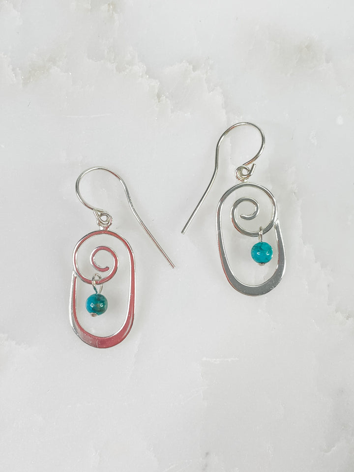 Women's Sterling Silver Swirl and Turquoise Gemstone Dangle Earrings 1.5 Inches