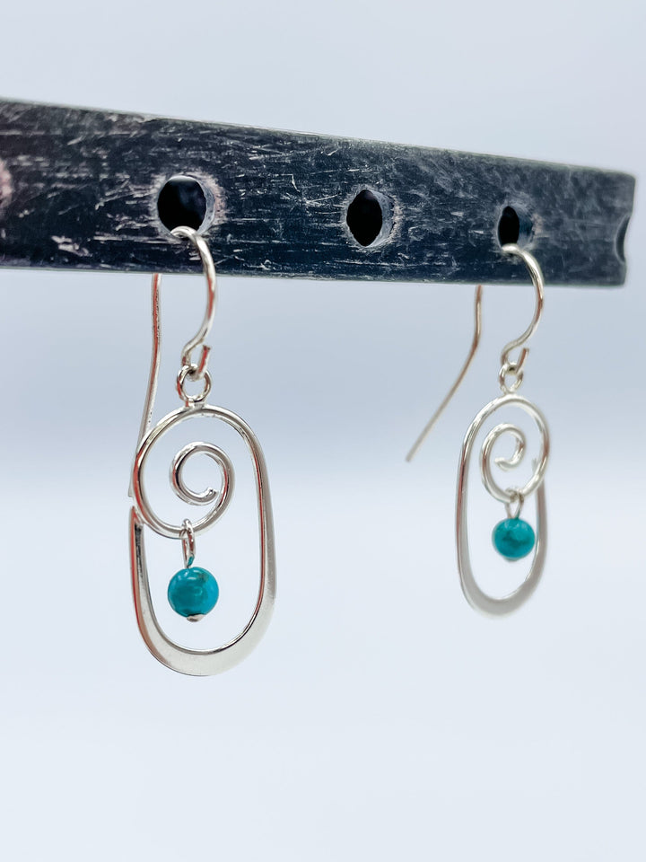 Women's Sterling Silver Swirl and Turquoise Gemstone Dangle Earrings 1.5 Inches