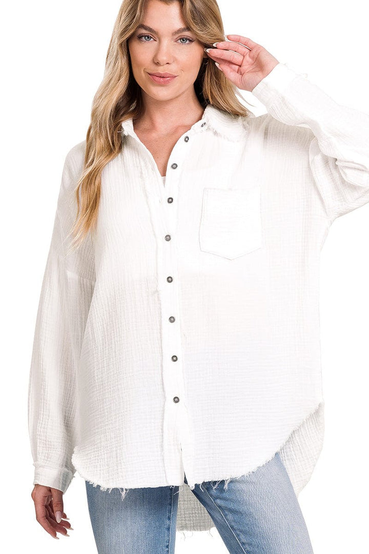 Zenana Double Gauze Oversized Raw Edge Shirt