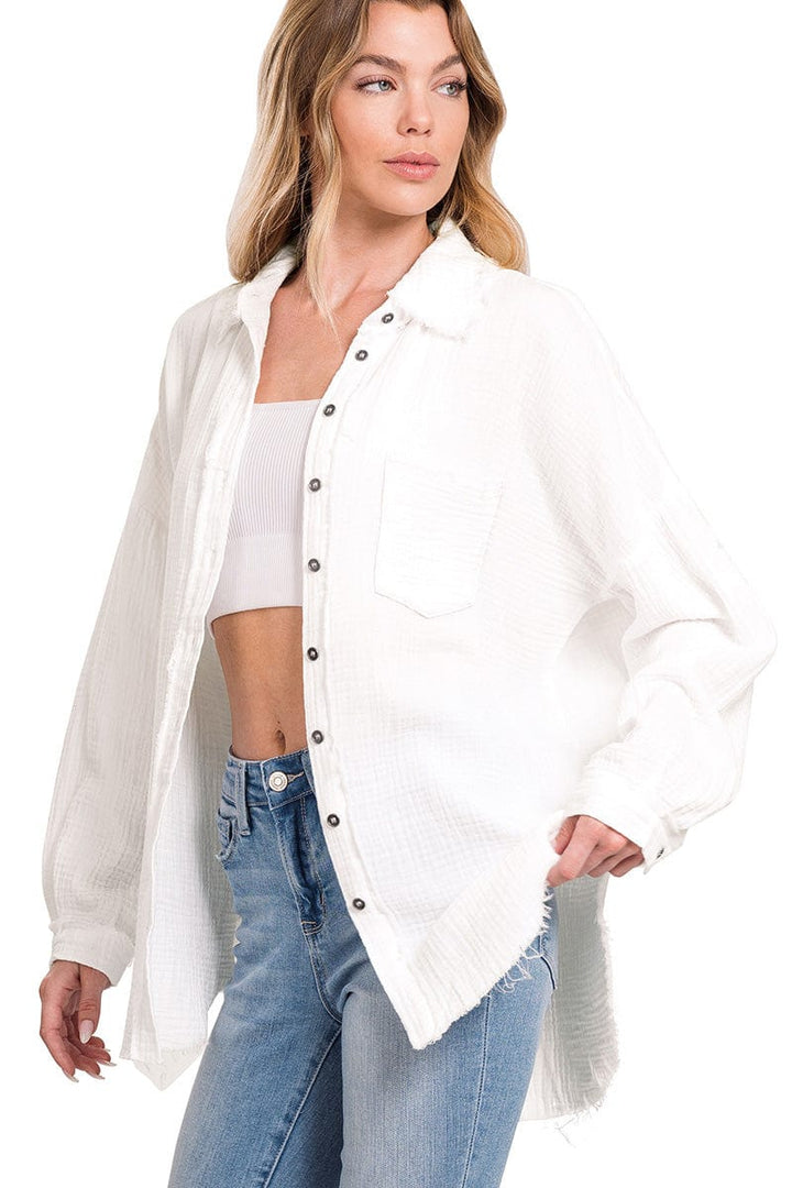 Zenana Double Gauze Oversized Raw Edge Shirt