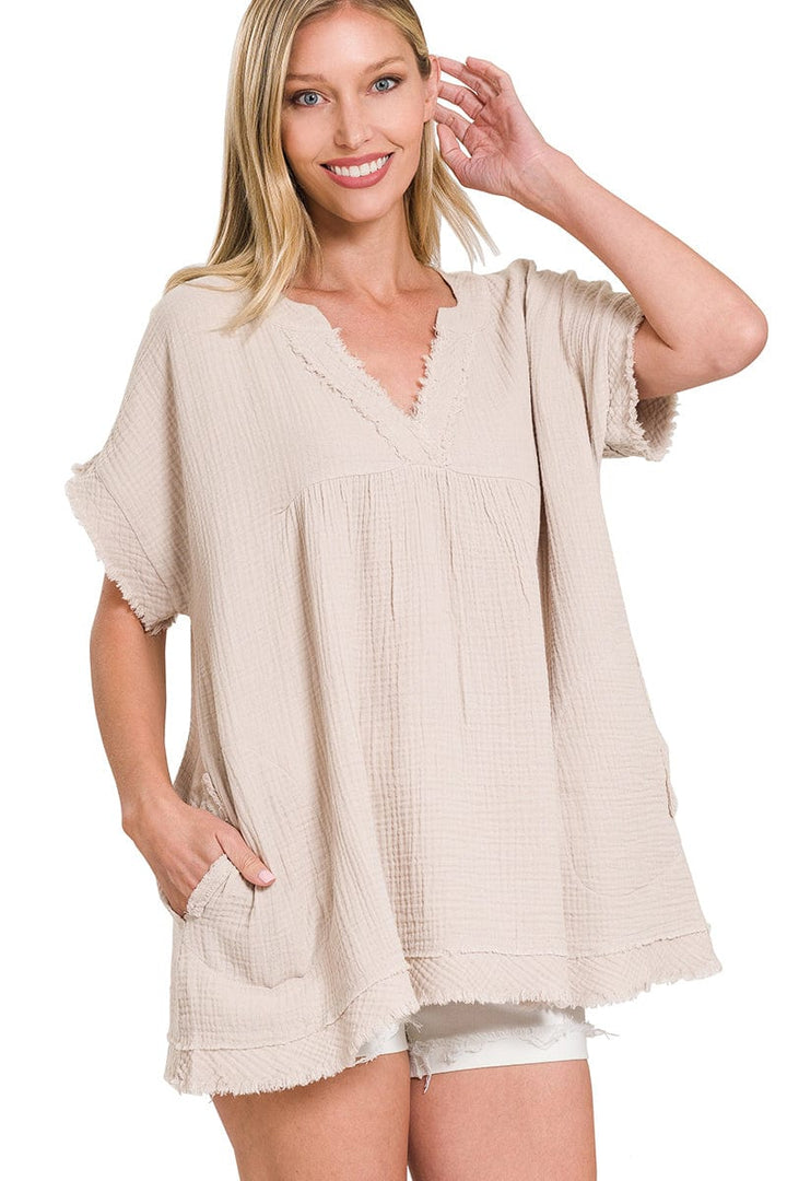 Zenana Gauze Raw Edge Short Sleeve V-Neck Shirt