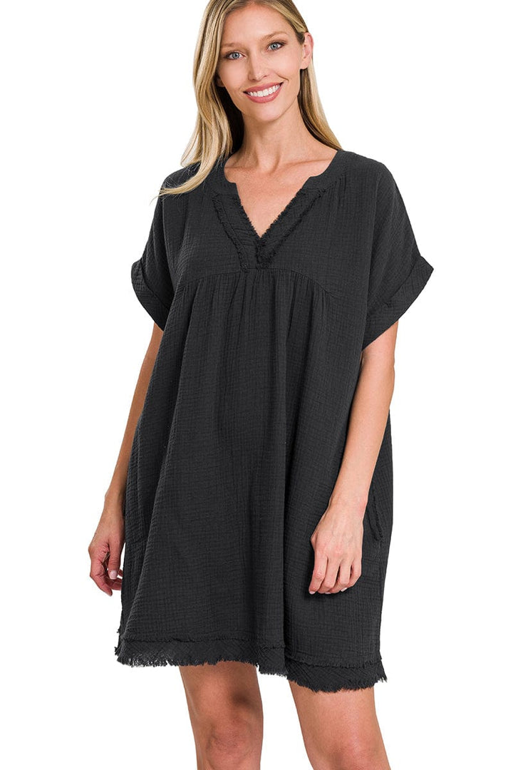 Zenana Gauze Rolled Short Sleeve Raw Edge Dress