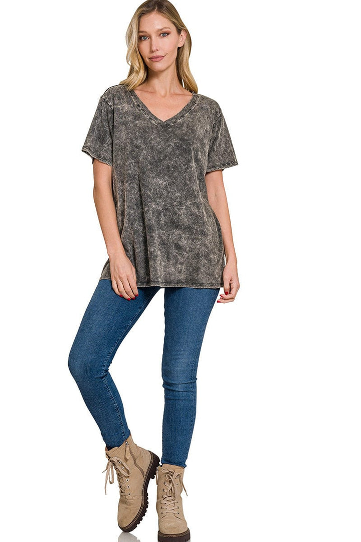 Zenana Washed Short Sleeve V-Neck Top