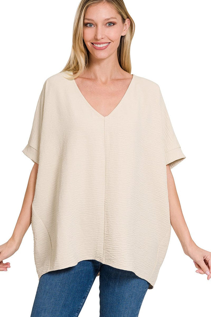 Zenana Woven Airflow V-Neck Dolman Short Sleeve Top