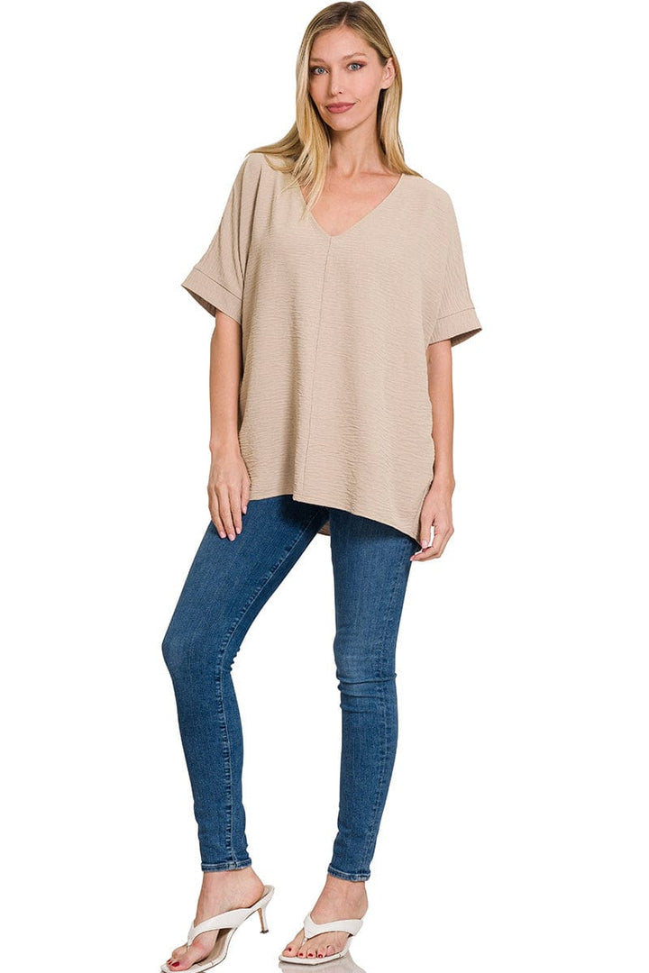 Zenana Woven Airflow V-Neck Dolman Short Sleeve Top