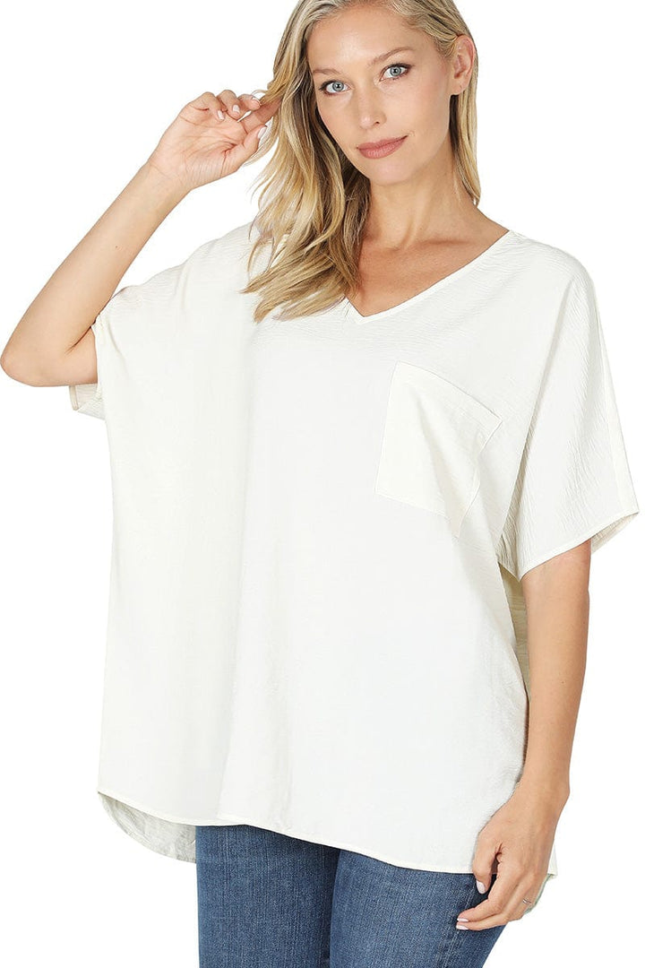 Zenana Woven Airflow V-Neck Dolman Short Sleeve Top