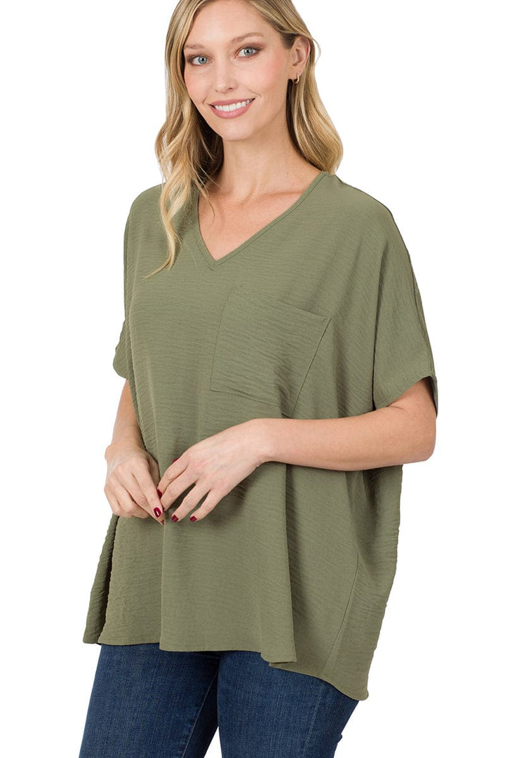 Zenana Woven Airflow V-Neck Dolman Short Sleeve Top