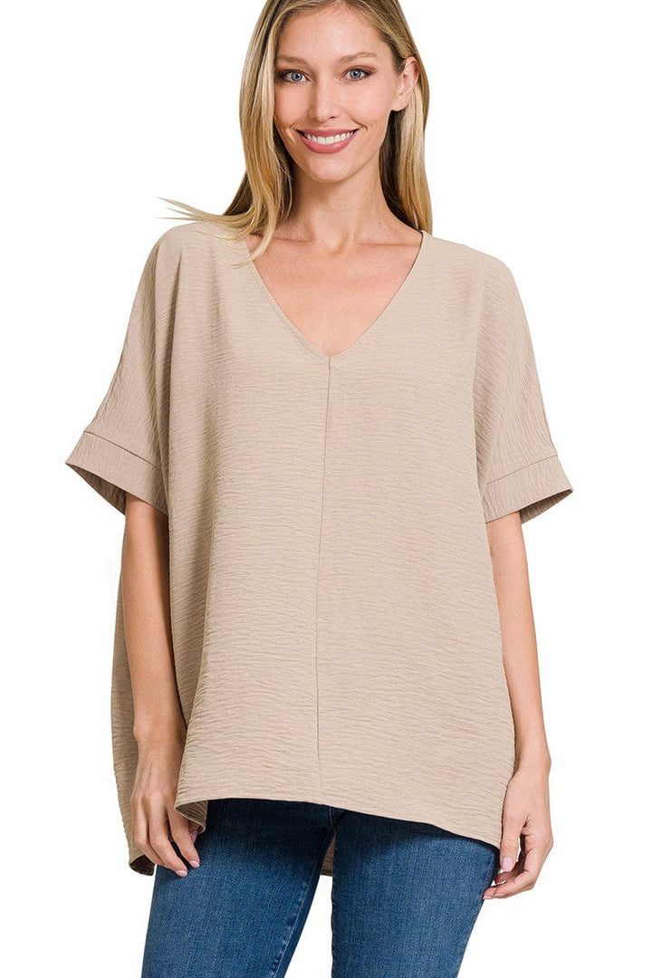 Zenana Woven Airflow V-Neck Dolman Short Sleeve Top